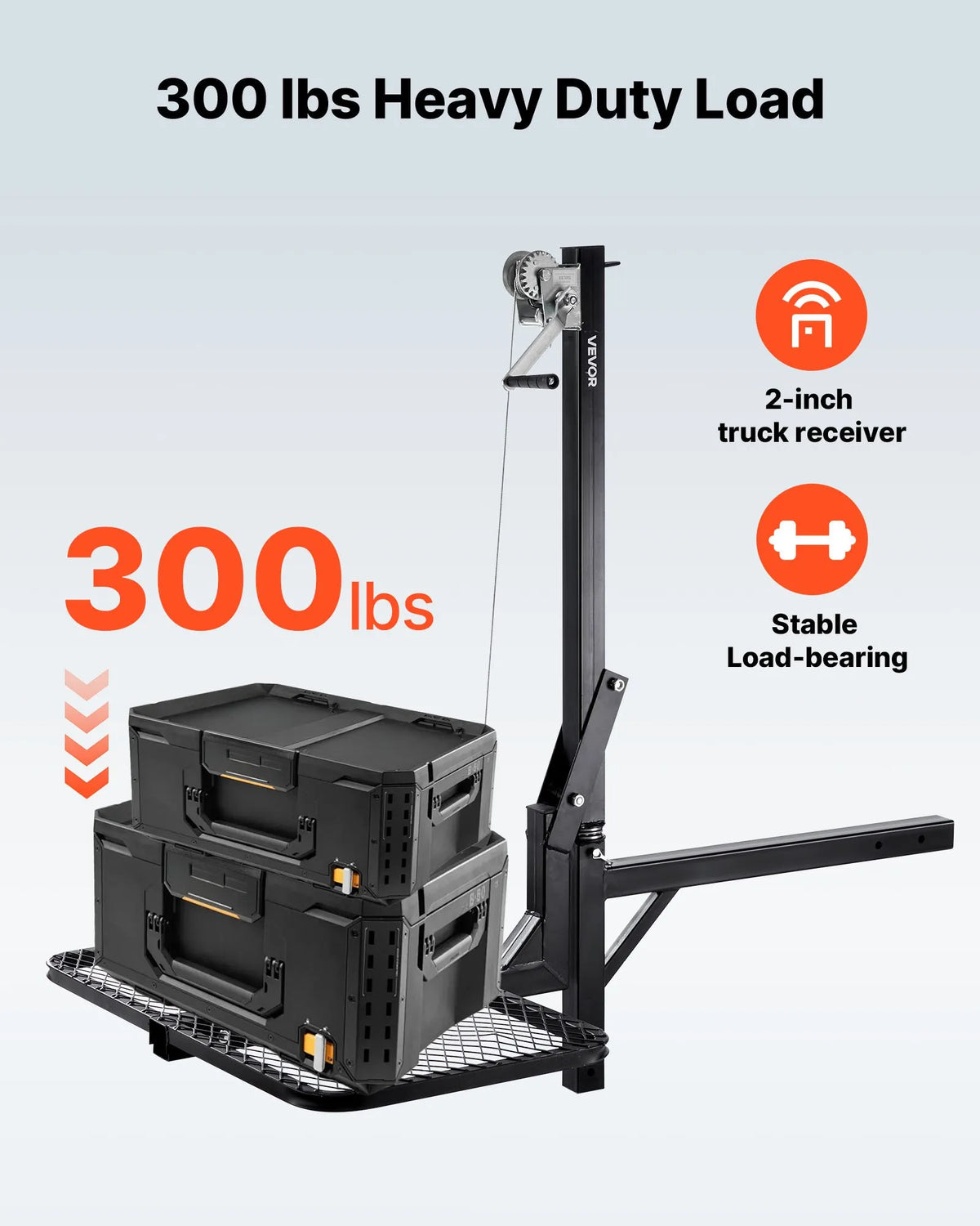 VEVOR piekabes medījuma pacēlājs ar platformu un vinčas sistēmu 136 kg, salokāms medījuma pacēlājs ar 360° rotējošu asi un 50 mm stiprinājumu medījuma pārvietošanai