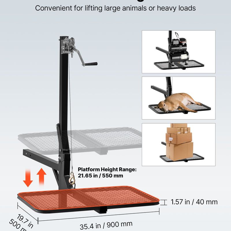 VEVOR piekabes medījuma pacēlājs ar platformu un vinčas sistēmu 136 kg, salokāms medījuma pacēlājs ar 360° rotējošu asi un 50 mm stiprinājumu medījuma pārvietošanai