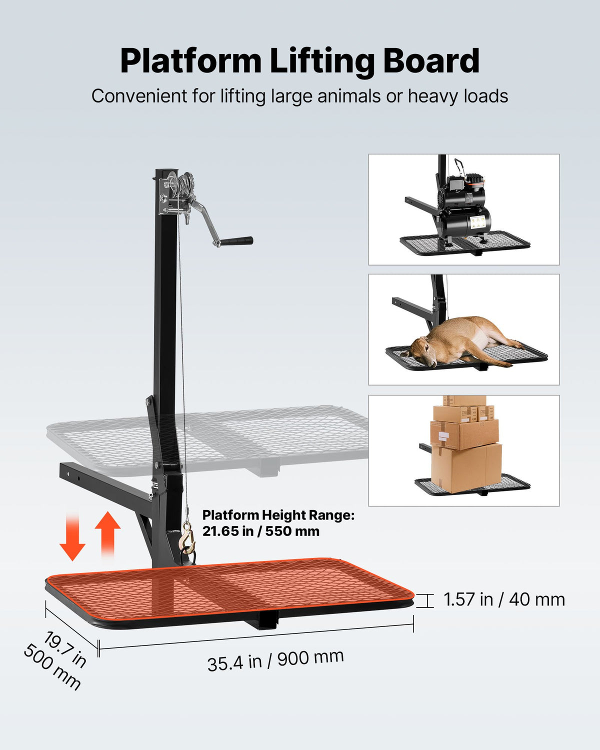 VEVOR piekabes medījuma pacēlājs ar platformu un vinčas sistēmu 136 kg, salokāms medījuma pacēlājs ar 360° rotējošu asi un 50 mm stiprinājumu medījuma pārvietošanai