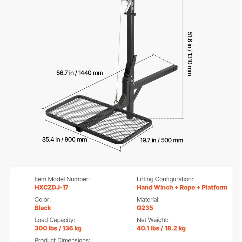 VEVOR piekabes medījuma pacēlājs ar platformu un vinčas sistēmu 136 kg, salokāms medījuma pacēlājs ar 360° rotējošu asi un 50 mm stiprinājumu medījuma pārvietošanai