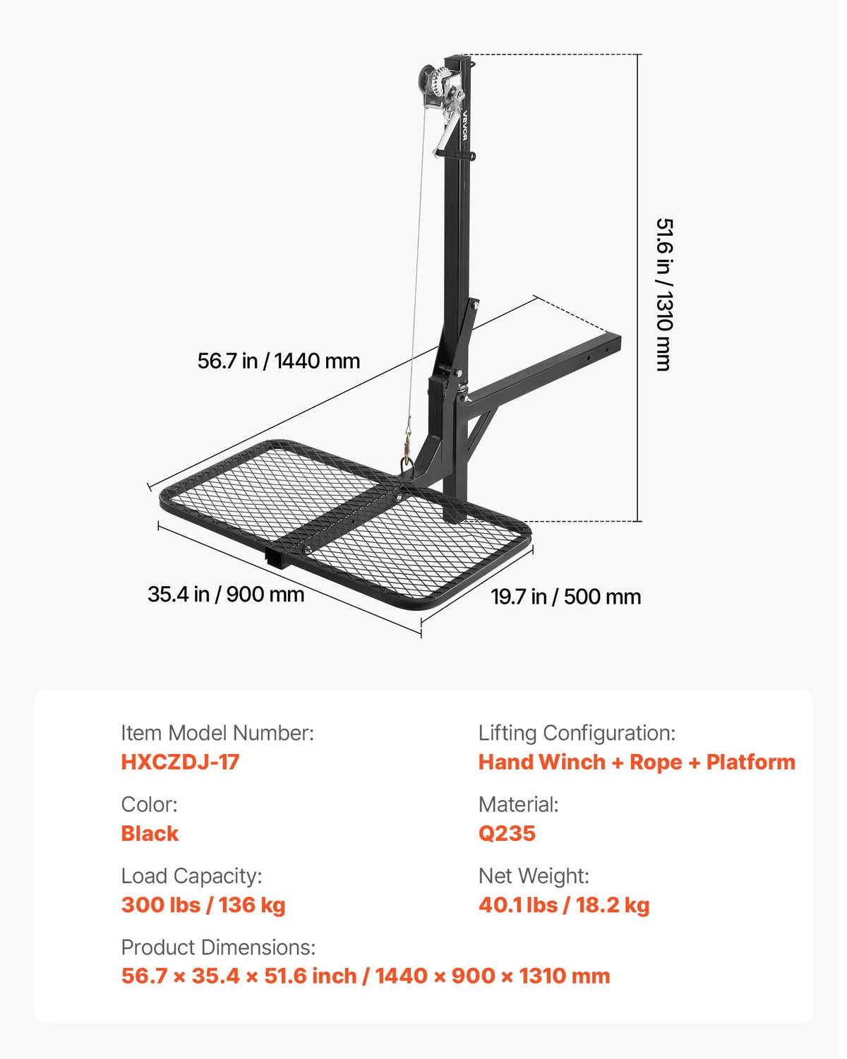 VEVOR piekabes medījuma pacēlājs ar platformu un vinčas sistēmu 136 kg, salokāms medījuma pacēlājs ar 360° rotējošu asi un 50 mm stiprinājumu medījuma pārvietošanai