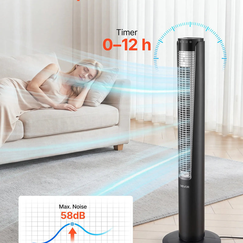VEVOR torņa ventilators ar 70° oscilāciju, 3 ātrumi, 4 režīmi un 12 stundu taimeris, gaisa plūsmas ātrums 5,3 m/s, jaudīga grīdas gaisa cirkulācija guļamistabai, viesistabai, mājai un birojam, melns - ZEMLETES.LV