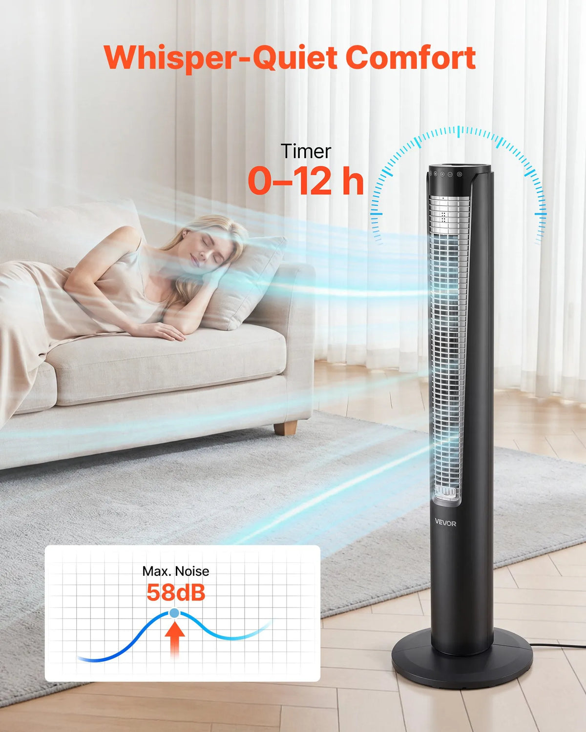 VEVOR torņa ventilators ar 70° oscilāciju, 3 ātrumi, 4 režīmi un 12 stundu taimeris, gaisa plūsmas ātrums 5,3 m/s, jaudīga grīdas gaisa cirkulācija guļamistabai, viesistabai, mājai un birojam, melns - ZEMLETES.LV