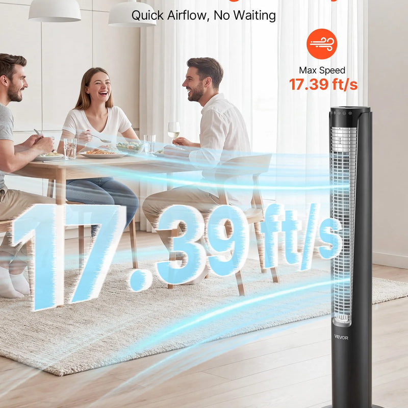 VEVOR torņa ventilators ar 70° oscilāciju, 3 ātrumi, 4 režīmi un 12 stundu taimeris, gaisa plūsmas ātrums 5,3 m/s, jaudīga grīdas gaisa cirkulācija guļamistabai, viesistabai, mājai un birojam, melns - ZEMLETES.LV