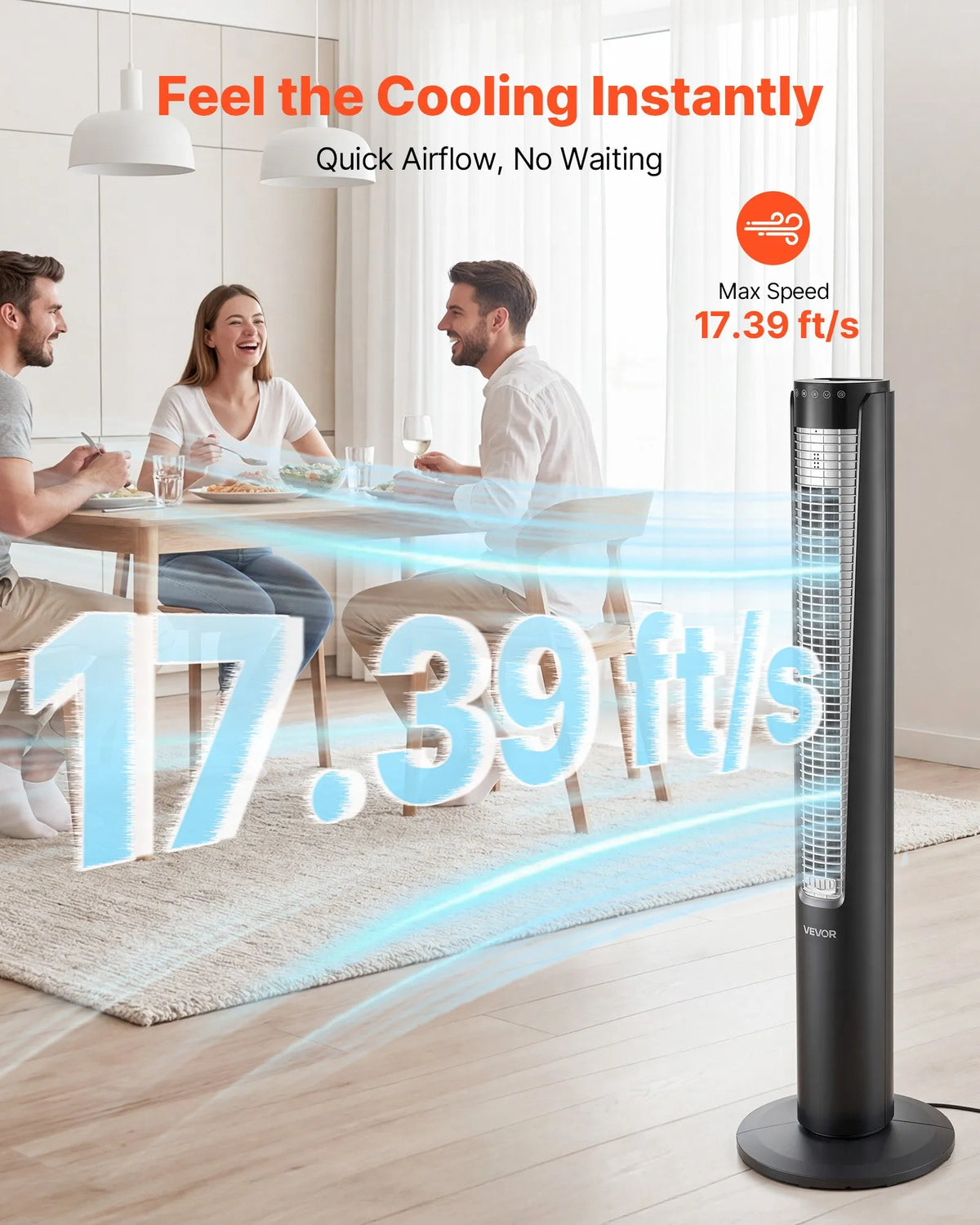 VEVOR torņa ventilators ar 70° oscilāciju, 3 ātrumi, 4 režīmi un 12 stundu taimeris, gaisa plūsmas ātrums 5,3 m/s, jaudīga grīdas gaisa cirkulācija guļamistabai, viesistabai, mājai un birojam, melns - ZEMLETES.LV