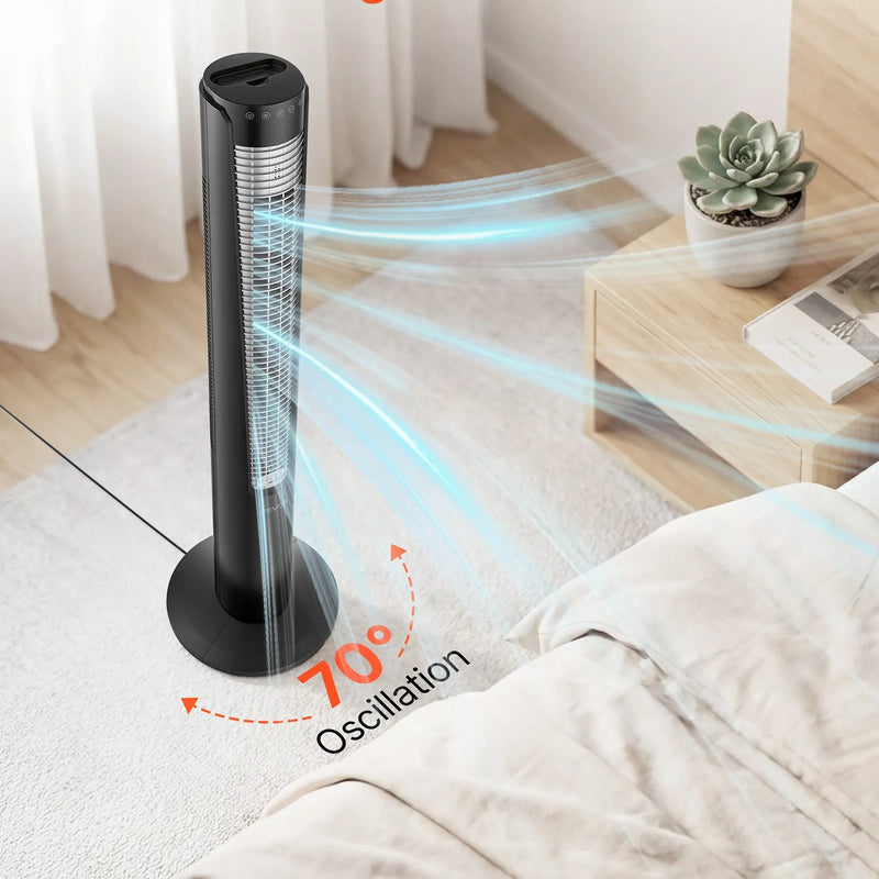 VEVOR torņa ventilators ar 70° oscilāciju, 3 ātrumi, 4 režīmi un 12 stundu taimeris, gaisa plūsmas ātrums 5,3 m/s, jaudīga grīdas gaisa cirkulācija guļamistabai, viesistabai, mājai un birojam, melns - ZEMLETES.LV