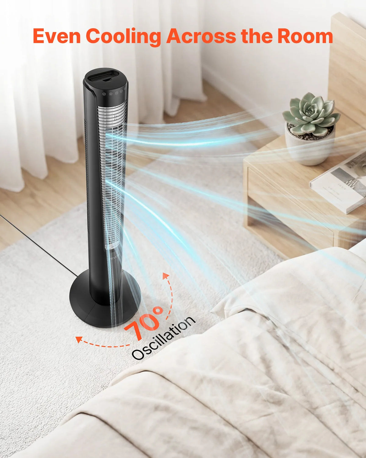 VEVOR torņa ventilators ar 70° oscilāciju, 3 ātrumi, 4 režīmi un 12 stundu taimeris, gaisa plūsmas ātrums 5,3 m/s, jaudīga grīdas gaisa cirkulācija guļamistabai, viesistabai, mājai un birojam, melns - ZEMLETES.LV