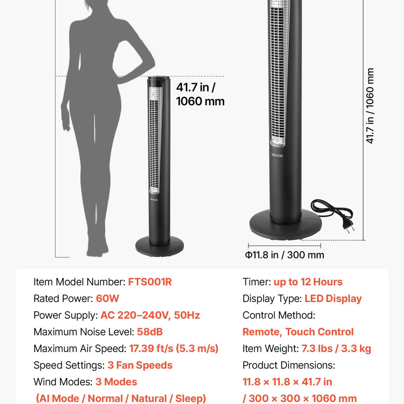VEVOR torņa ventilators ar 70° oscilāciju, 3 ātrumi, 4 režīmi un 12 stundu taimeris, gaisa plūsmas ātrums 5,3 m/s, jaudīga grīdas gaisa cirkulācija guļamistabai, viesistabai, mājai un birojam, melns - ZEMLETES.LV