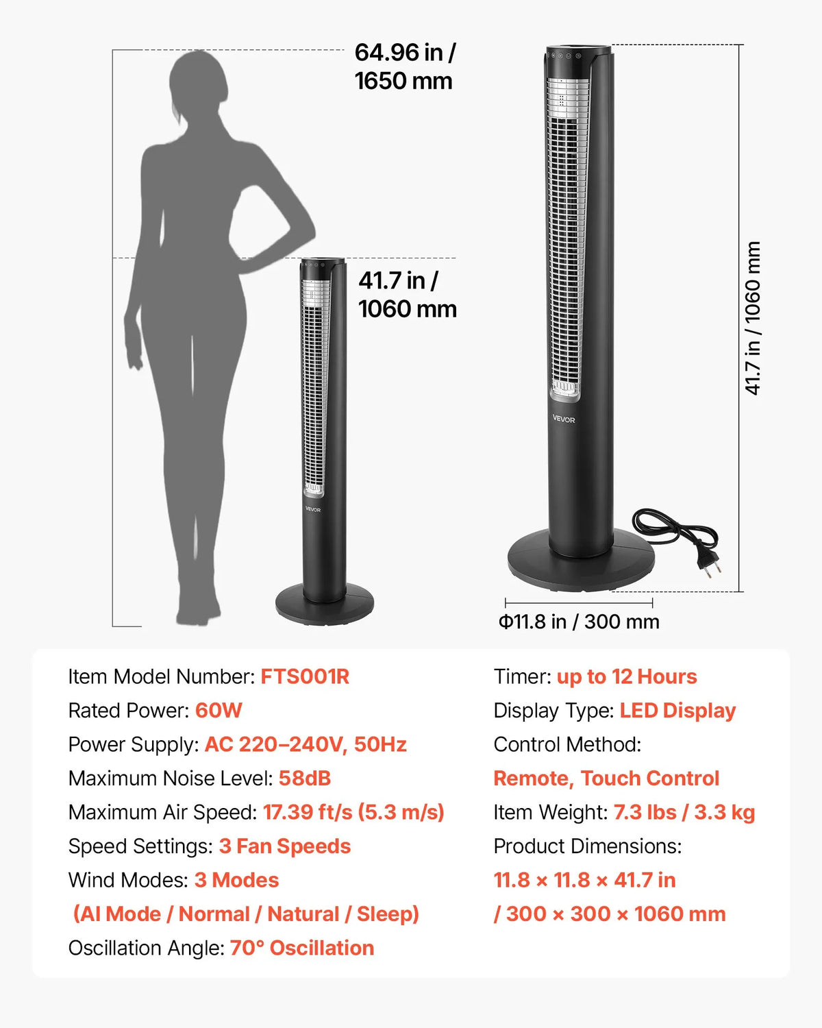 VEVOR torņa ventilators ar 70° oscilāciju, 3 ātrumi, 4 režīmi un 12 stundu taimeris, gaisa plūsmas ātrums 5,3 m/s, jaudīga grīdas gaisa cirkulācija guļamistabai, viesistabai, mājai un birojam, melns - ZEMLETES.LV