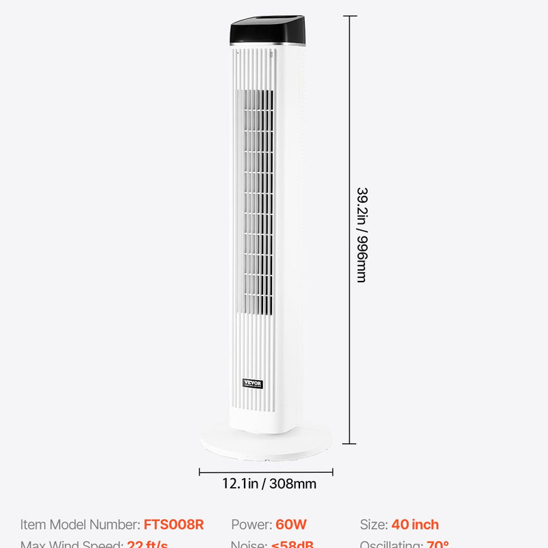 VEVOR 99 cm oscilējošais torņventilators ar 9 stundu taimeri, 6,7 m/s, tālvadības pults vadība