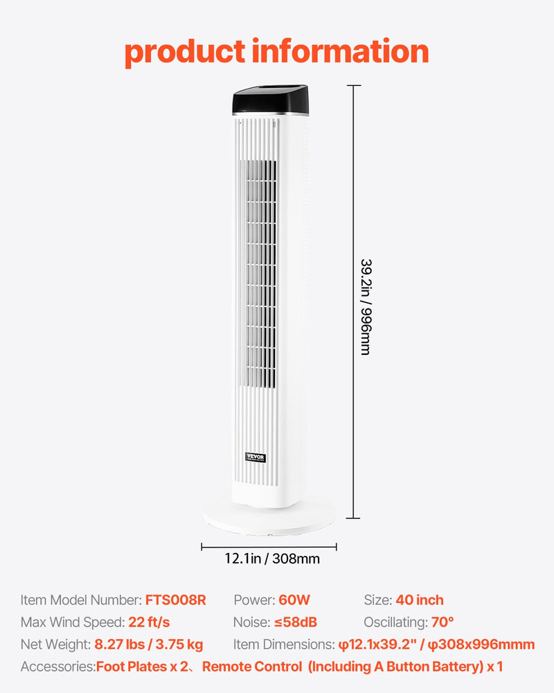 VEVOR 99 cm oscilējošais torņventilators ar 9 stundu taimeri, 6,7 m/s, tālvadības pults vadība