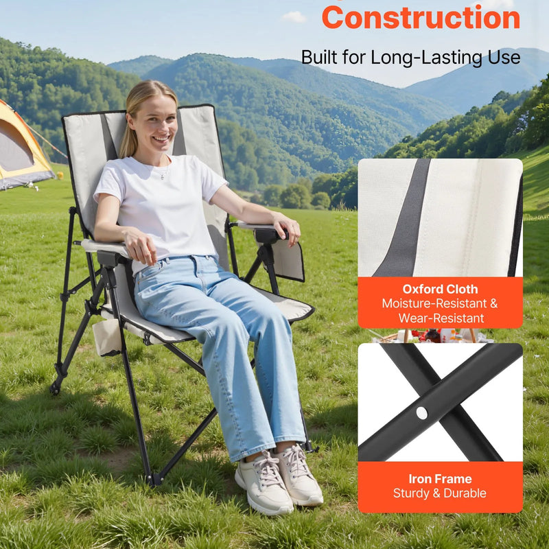 VEVOR salokāms kempinga krēsls ar augstu atzveltni, 3 regulējamas atzveltnes pozīcijas, polsterēts pludmales krēsls ar roku balstiem un galvas balstu, maksimālā slodze 118 kg, pārnēsājams āra krēsls kempingam, sportam un ceļošanai