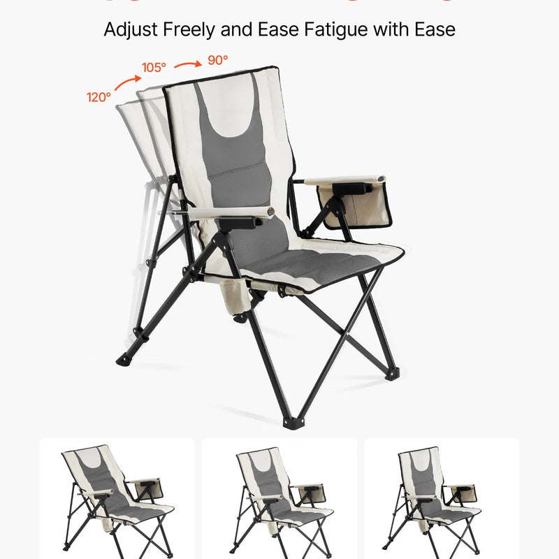 VEVOR salokāms kempinga krēsls ar augstu atzveltni, 3 regulējamas atzveltnes pozīcijas, polsterēts pludmales krēsls ar roku balstiem un galvas balstu, maksimālā slodze 118 kg, pārnēsājams āra krēsls kempingam, sportam un ceļošanai