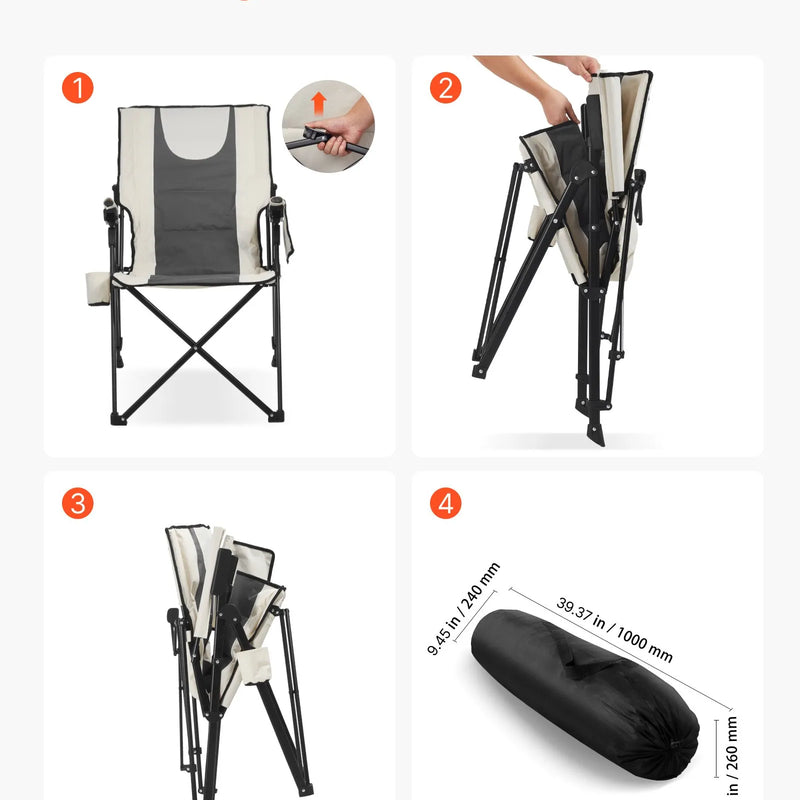 VEVOR salokāms kempinga krēsls ar augstu atzveltni, 3 regulējamas atzveltnes pozīcijas, polsterēts pludmales krēsls ar roku balstiem un galvas balstu, maksimālā slodze 118 kg, pārnēsājams āra krēsls kempingam, sportam un ceļošanai