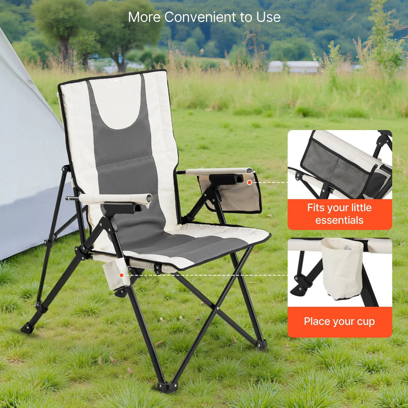 VEVOR salokāms kempinga krēsls ar augstu atzveltni, 3 regulējamas atzveltnes pozīcijas, polsterēts pludmales krēsls ar roku balstiem un galvas balstu, maksimālā slodze 118 kg, pārnēsājams āra krēsls kempingam, sportam un ceļošanai