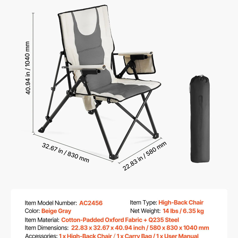 VEVOR salokāms kempinga krēsls ar augstu atzveltni, 3 regulējamas atzveltnes pozīcijas, polsterēts pludmales krēsls ar roku balstiem un galvas balstu, maksimālā slodze 118 kg, pārnēsājams āra krēsls kempingam, sportam un ceļošanai