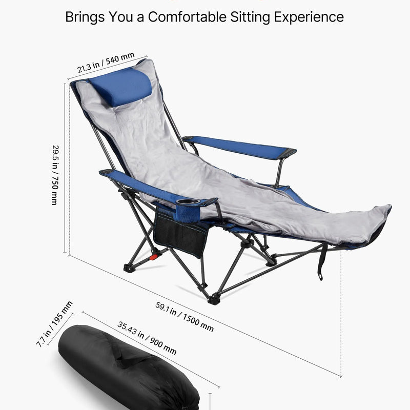 VEVOR Atpūtas kempinga krēsls ar 4 regulējamām pozīcijām, salokāms un pārnēsājams atpūtas krēsls pieaugušajiem ar kāju balstu un mīkstu spilvenu, izturīgs līdz 100 kg, piemērots terasei vai pludmalei, zils