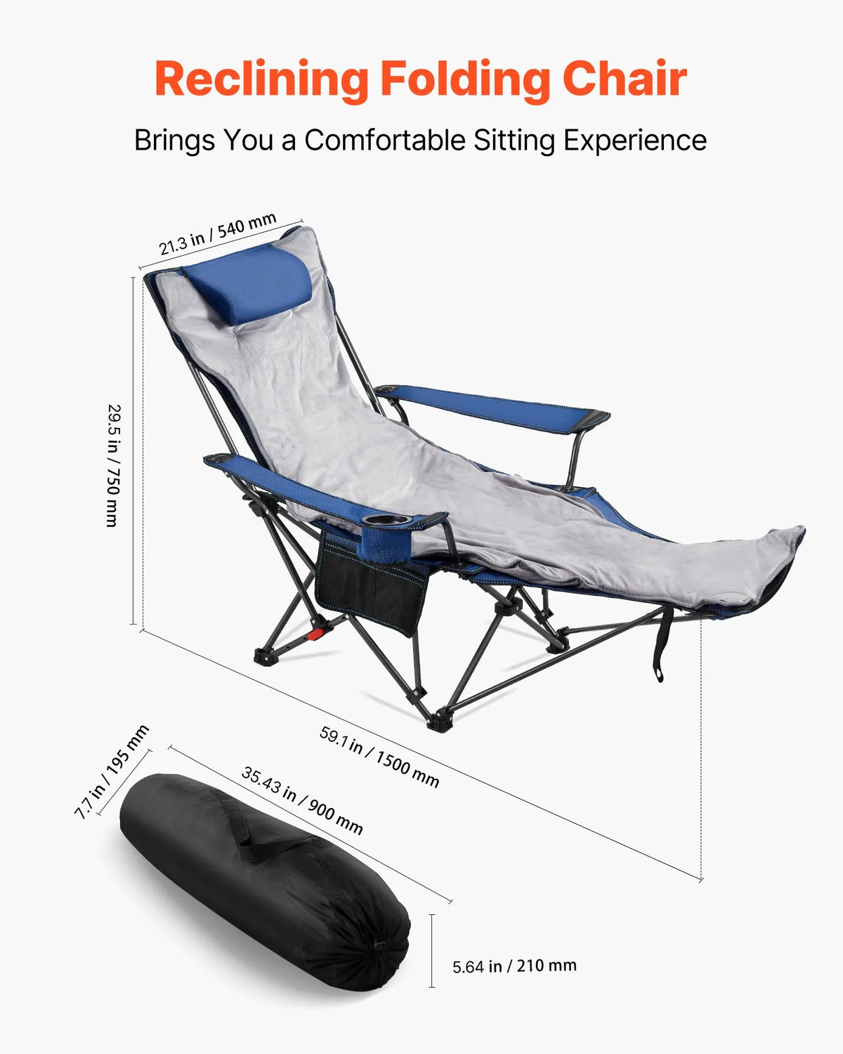 VEVOR Camping Relaxation Chair with 4 Adjustable Positions, Foldable and Portable Reclining Chair for Adults with Footrest and Soft Cushion, Durable up to 100 kg, Suitable for Terrace or Beach, Blue