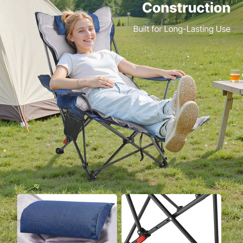 VEVOR Atpūtas kempinga krēsls ar 4 regulējamām pozīcijām, salokāms un pārnēsājams atpūtas krēsls pieaugušajiem ar kāju balstu un mīkstu spilvenu, izturīgs līdz 100 kg, piemērots terasei vai pludmalei, zils