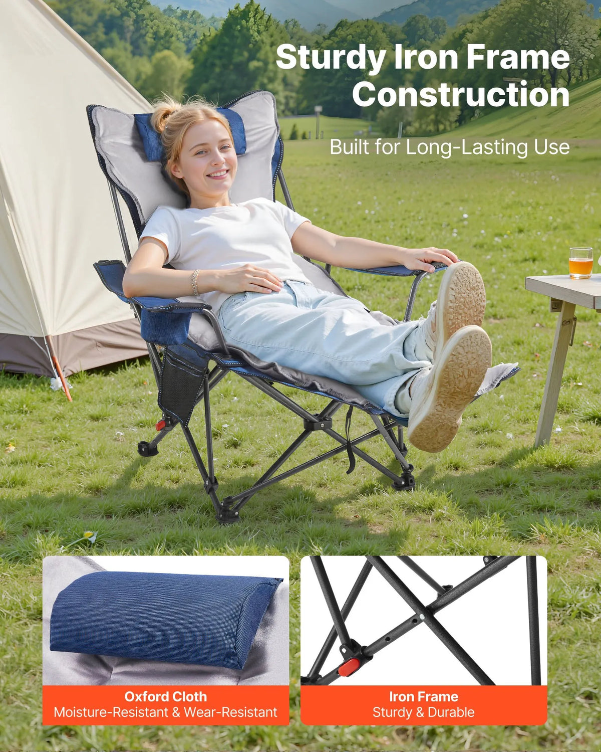 VEVOR Camping Relaxation Chair with 4 Adjustable Positions, Foldable and Portable Reclining Chair for Adults with Footrest and Soft Cushion, Durable up to 100 kg, Suitable for Terrace or Beach, Blue