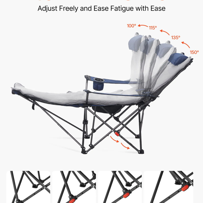 VEVOR Atpūtas kempinga krēsls ar 4 regulējamām pozīcijām, salokāms un pārnēsājams atpūtas krēsls pieaugušajiem ar kāju balstu un mīkstu spilvenu, izturīgs līdz 100 kg, piemērots terasei vai pludmalei, zils