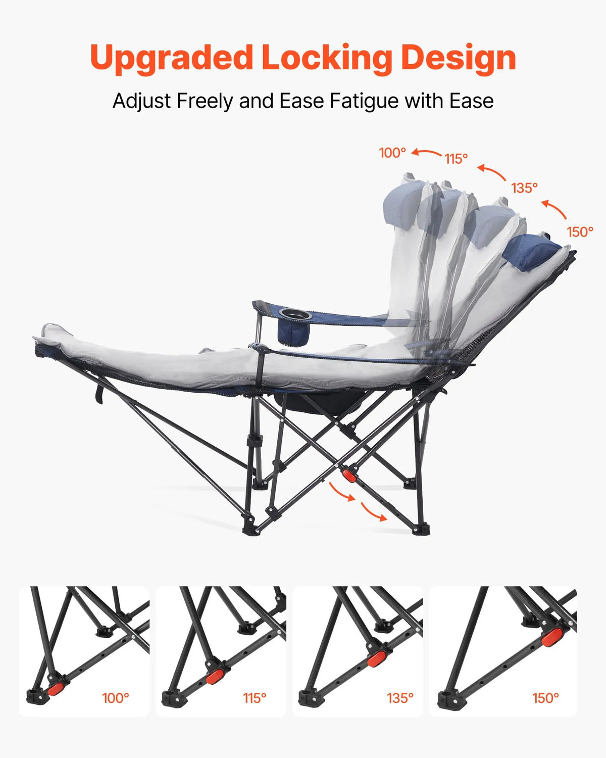 VEVOR Camping Relaxation Chair with 4 Adjustable Positions, Foldable and Portable Reclining Chair for Adults with Footrest and Soft Cushion, Durable up to 100 kg, Suitable for Terrace or Beach, Blue