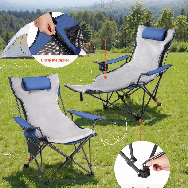VEVOR Atpūtas kempinga krēsls ar 4 regulējamām pozīcijām, salokāms un pārnēsājams atpūtas krēsls pieaugušajiem ar kāju balstu un mīkstu spilvenu, izturīgs līdz 100 kg, piemērots terasei vai pludmalei, zils