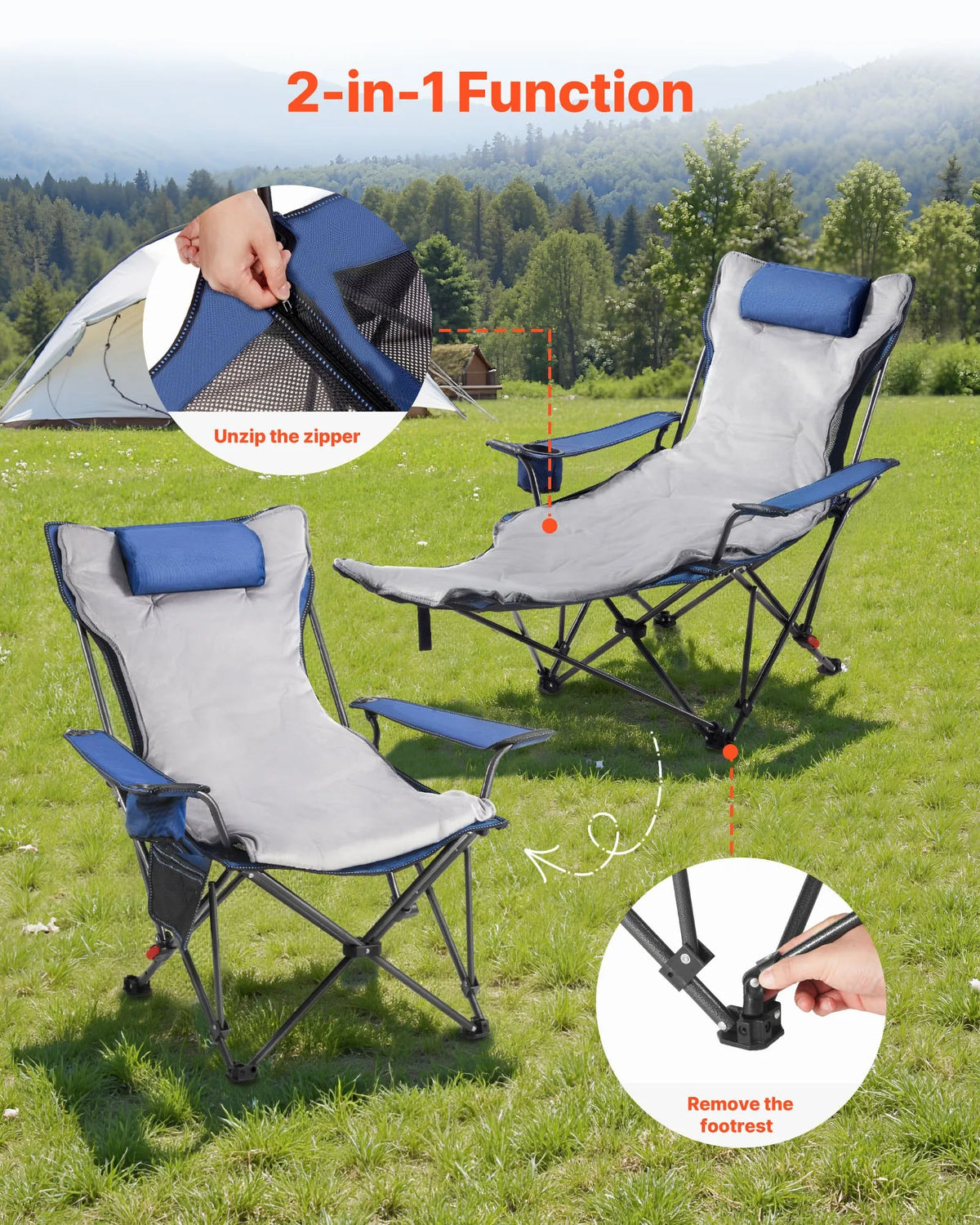VEVOR Camping Relaxation Chair with 4 Adjustable Positions, Foldable and Portable Reclining Chair for Adults with Footrest and Soft Cushion, Durable up to 100 kg, Suitable for Terrace or Beach, Blue