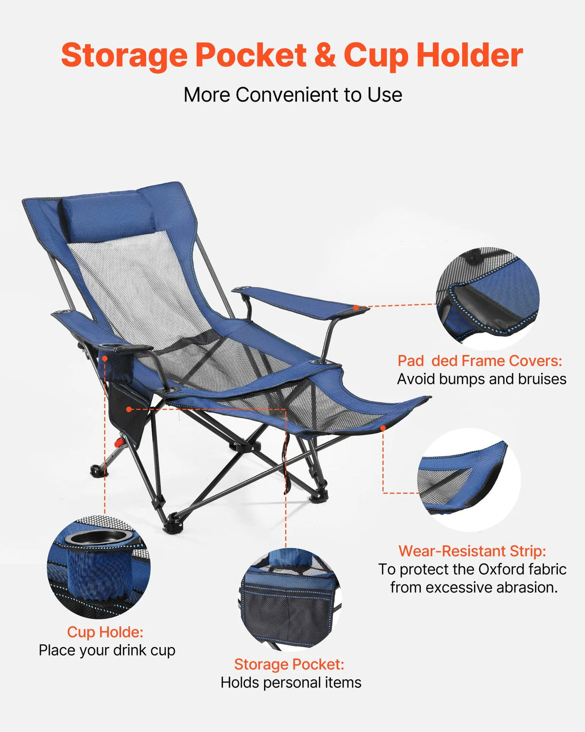 VEVOR Camping Relaxation Chair with 4 Adjustable Positions, Foldable and Portable Reclining Chair for Adults with Footrest and Soft Cushion, Durable up to 100 kg, Suitable for Terrace or Beach, Blue