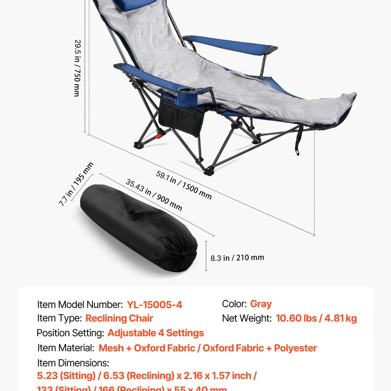 VEVOR Atpūtas kempinga krēsls ar 4 regulējamām pozīcijām, salokāms un pārnēsājams atpūtas krēsls pieaugušajiem ar kāju balstu un mīkstu spilvenu, izturīgs līdz 100 kg, piemērots terasei vai pludmalei, zils