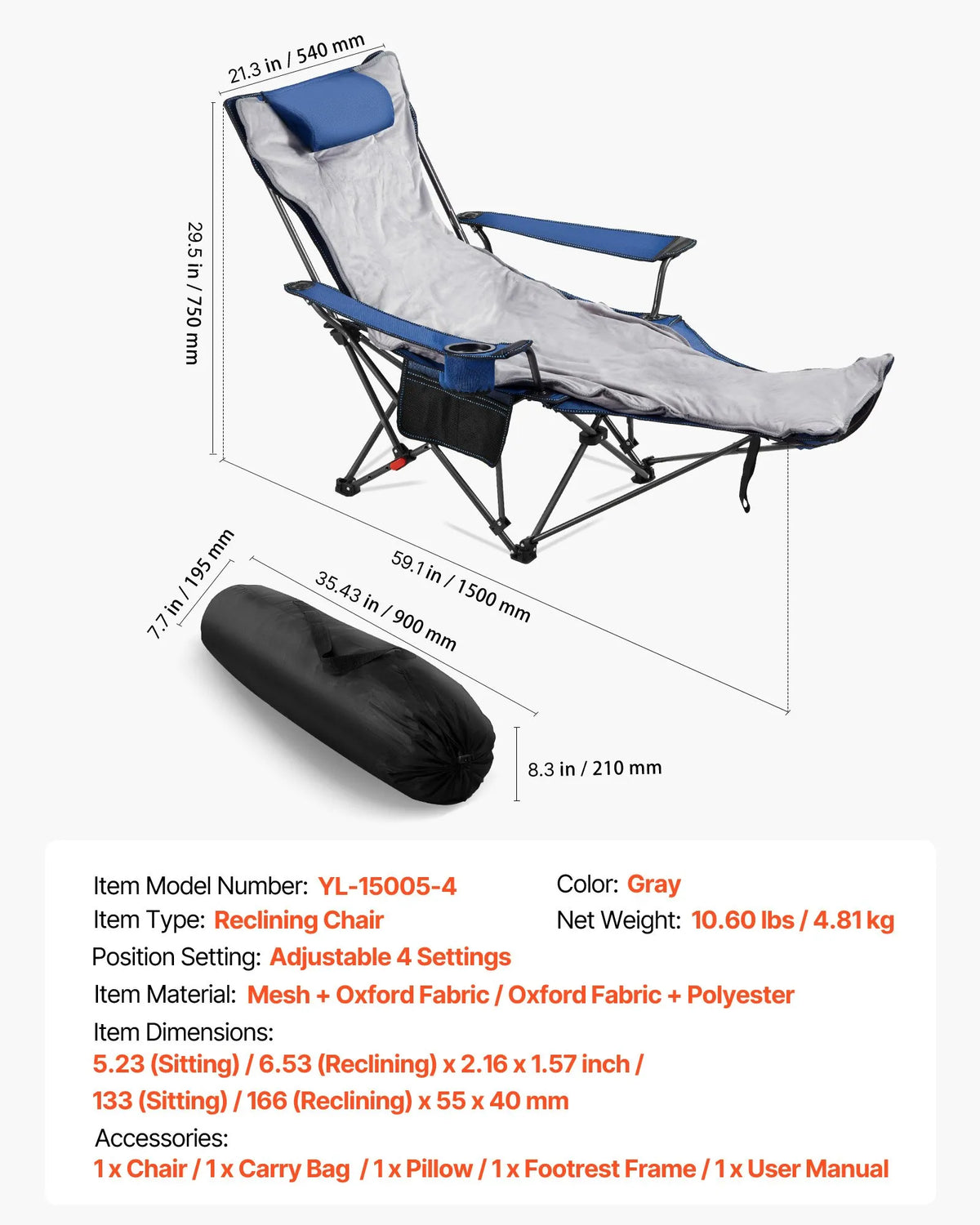 VEVOR Camping Relaxation Chair with 4 Adjustable Positions, Foldable and Portable Reclining Chair for Adults with Footrest and Soft Cushion, Durable up to 100 kg, Suitable for Terrace or Beach, Blue
