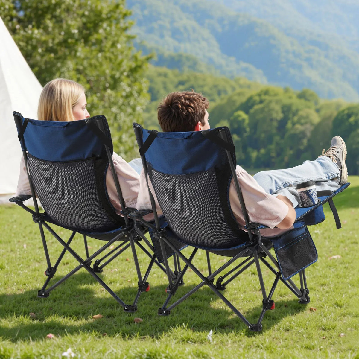 VEVOR Camping Relaxation Chair with 4 Adjustable Positions, Foldable and Portable Reclining Chair for Adults with Footrest and Soft Cushion, Durable up to 100 kg, Suitable for Terrace or Beach, Blue