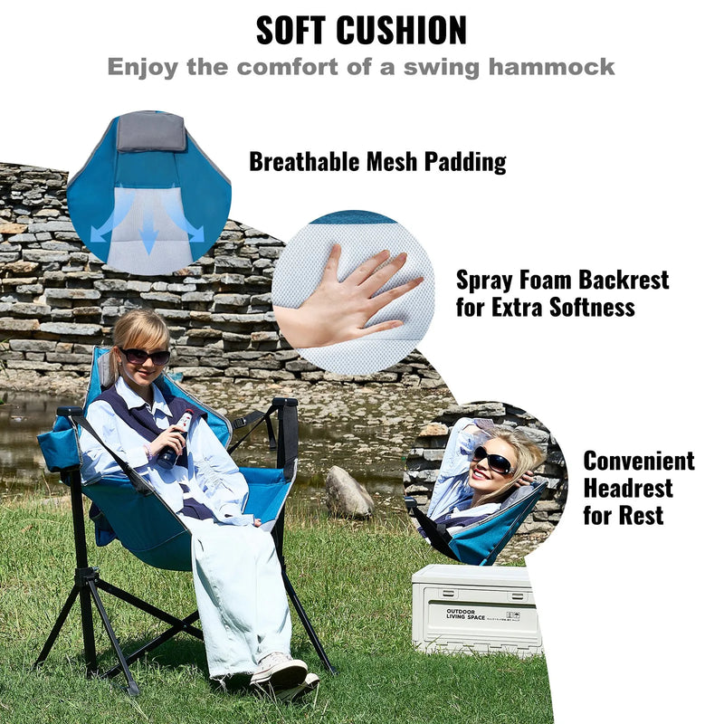 VEVOR salokāms šūpuļkrēsls kempingam ar regulējamu atzveltni, galvas balstu, krūzes turētāju un glabāšanas kabatu, kempinga hamaka krēsls, maksimālā slodze 136 kg, piemērots kempingam un citām āra aktivitātēm