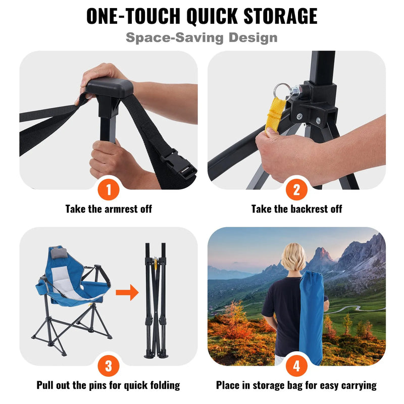 VEVOR salokāms šūpuļkrēsls kempingam ar regulējamu atzveltni, galvas balstu, krūzes turētāju un glabāšanas kabatu, kempinga hamaka krēsls, maksimālā slodze 136 kg, piemērots kempingam un citām āra aktivitātēm