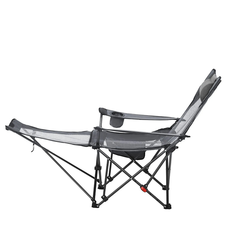 VEVOR regulējams kempinga krēsls ar atzveltni, 4 pozīcijas, salokāms atpūtas krēsls pieaugušajiem, pludmales krēsls ar sieta audumu, galvas balstu un kāju balstu, maksimālā slodze 100 kg, pelēks