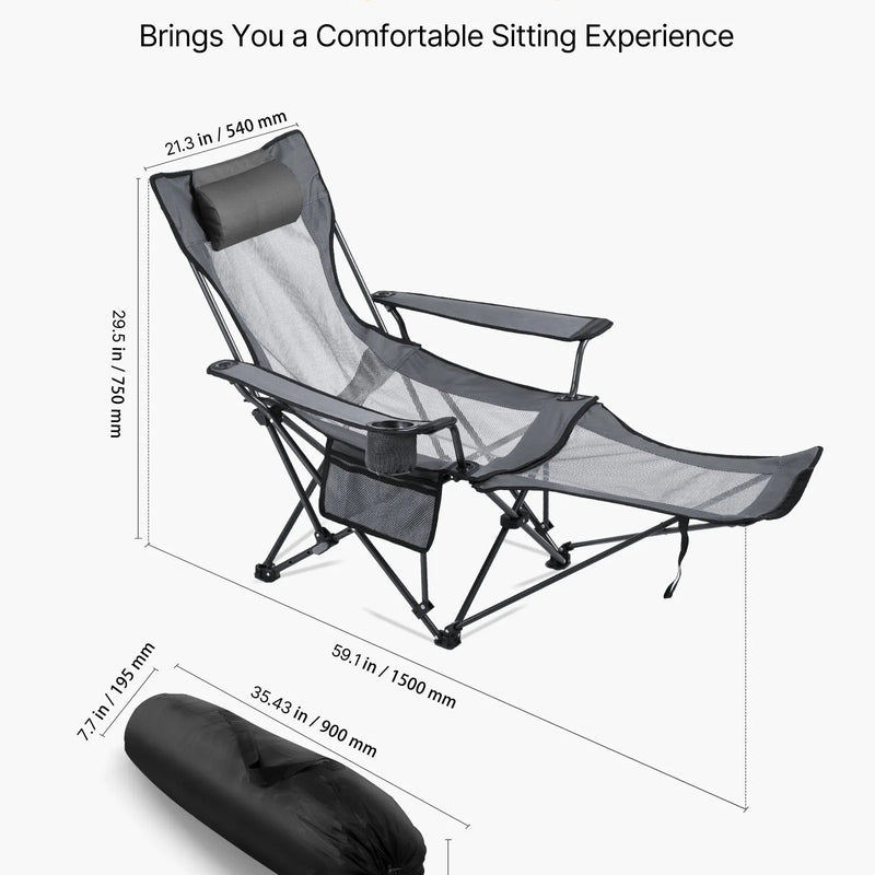 VEVOR regulējams kempinga krēsls ar atzveltni, 4 pozīcijas, salokāms atpūtas krēsls pieaugušajiem, pludmales krēsls ar sieta audumu, galvas balstu un kāju balstu, maksimālā slodze 100 kg, pelēks