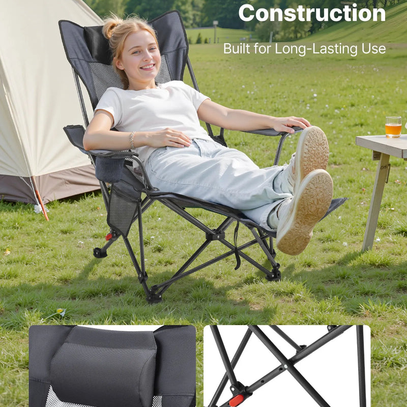 VEVOR regulējams kempinga krēsls ar atzveltni, 4 pozīcijas, salokāms atpūtas krēsls pieaugušajiem, pludmales krēsls ar sieta audumu, galvas balstu un kāju balstu, maksimālā slodze 100 kg, pelēks