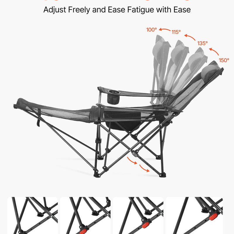 VEVOR regulējams kempinga krēsls ar atzveltni, 4 pozīcijas, salokāms atpūtas krēsls pieaugušajiem, pludmales krēsls ar sieta audumu, galvas balstu un kāju balstu, maksimālā slodze 100 kg, pelēks
