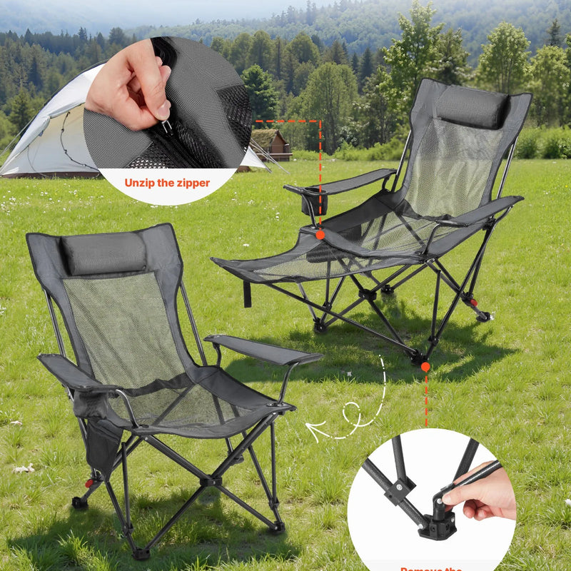 VEVOR regulējams kempinga krēsls ar atzveltni, 4 pozīcijas, salokāms atpūtas krēsls pieaugušajiem, pludmales krēsls ar sieta audumu, galvas balstu un kāju balstu, maksimālā slodze 100 kg, pelēks
