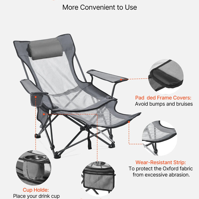 VEVOR regulējams kempinga krēsls ar atzveltni, 4 pozīcijas, salokāms atpūtas krēsls pieaugušajiem, pludmales krēsls ar sieta audumu, galvas balstu un kāju balstu, maksimālā slodze 100 kg, pelēks