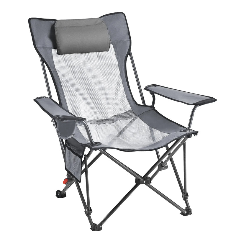 VEVOR regulējams kempinga krēsls ar atzveltni, 4 pozīcijas, salokāms atpūtas krēsls pieaugušajiem, pludmales krēsls ar sieta audumu, galvas balstu un kāju balstu, maksimālā slodze 100 kg, pelēks
