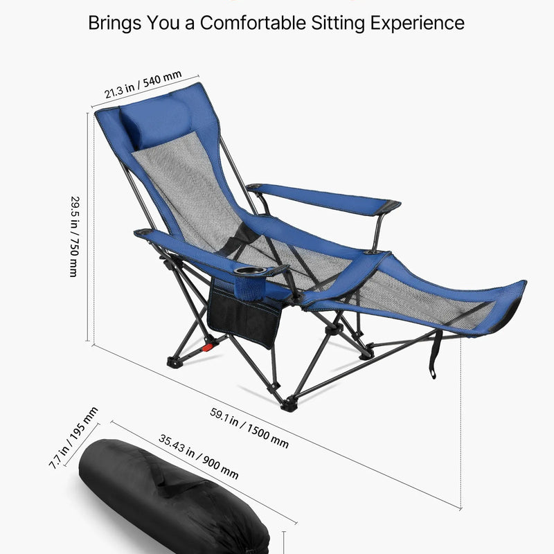 Atpūtas kempinga krēsls ar 4 regulējamām pozīcijām, salokāms un pārnēsājams krēsls pieaugušajiem ar galvas un kāju balstu, izturīgs līdz 100 kg, smagās klases krēsls terasei vai pludmalei, zils