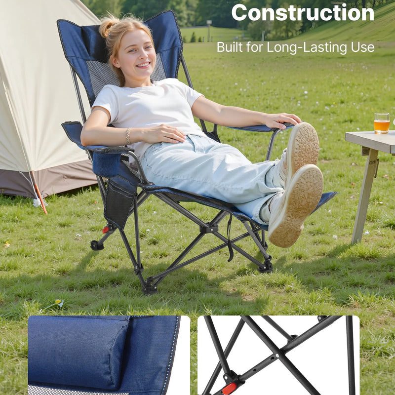 Atpūtas kempinga krēsls ar 4 regulējamām pozīcijām, salokāms un pārnēsājams krēsls pieaugušajiem ar galvas un kāju balstu, izturīgs līdz 100 kg, smagās klases krēsls terasei vai pludmalei, zils