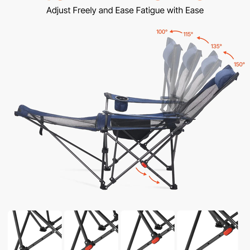 Atpūtas kempinga krēsls ar 4 regulējamām pozīcijām, salokāms un pārnēsājams krēsls pieaugušajiem ar galvas un kāju balstu, izturīgs līdz 100 kg, smagās klases krēsls terasei vai pludmalei, zils