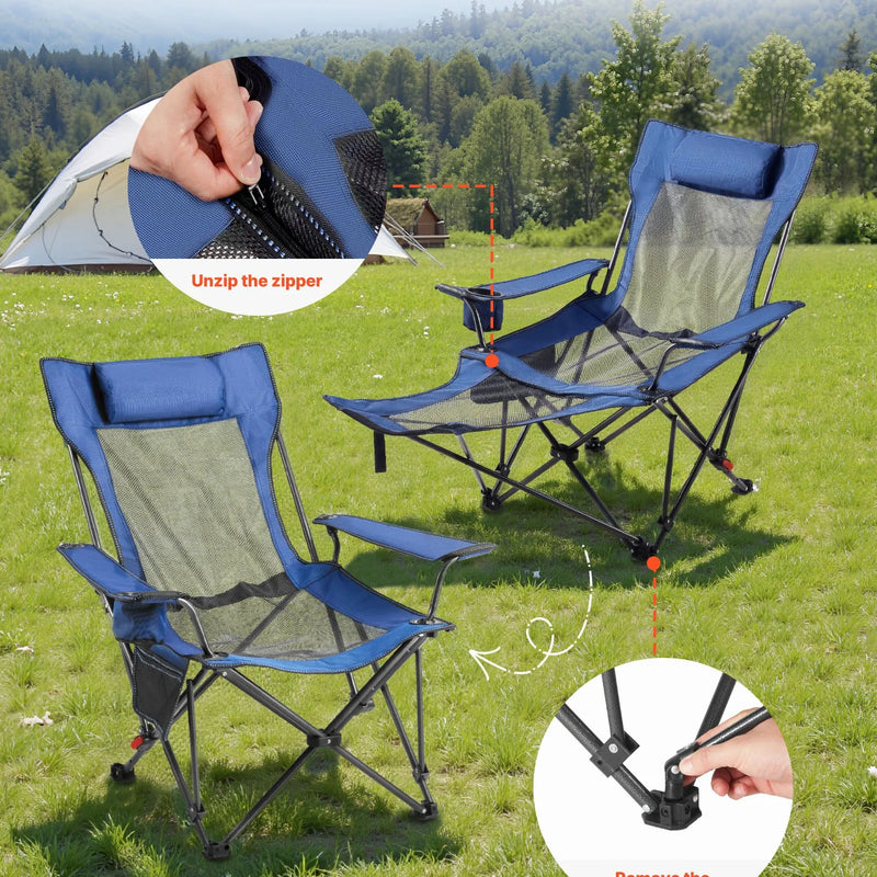Atpūtas kempinga krēsls ar 4 regulējamām pozīcijām, salokāms un pārnēsājams krēsls pieaugušajiem ar galvas un kāju balstu, izturīgs līdz 100 kg, smagās klases krēsls terasei vai pludmalei, zils