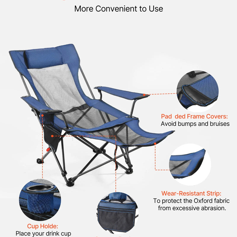Atpūtas kempinga krēsls ar 4 regulējamām pozīcijām, salokāms un pārnēsājams krēsls pieaugušajiem ar galvas un kāju balstu, izturīgs līdz 100 kg, smagās klases krēsls terasei vai pludmalei, zils