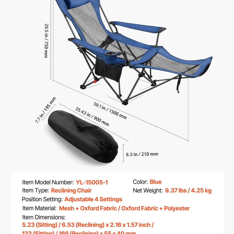 Atpūtas kempinga krēsls ar 4 regulējamām pozīcijām, salokāms un pārnēsājams krēsls pieaugušajiem ar galvas un kāju balstu, izturīgs līdz 100 kg, smagās klases krēsls terasei vai pludmalei, zils
