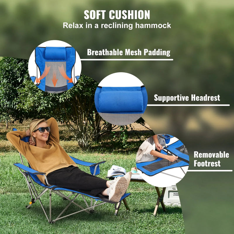 VEVOR salokāms kempinga krēsls ar regulējamu atzveltni (4 pozīcijas), kāju balstu, galvas balstu, krūzes turētāju un sānu kabatu, maksimālā slodze 150 kg, piemērots kempingam, makšķerēšanai un āra atpūtai