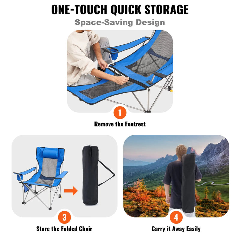 VEVOR salokāms kempinga krēsls ar regulējamu atzveltni (4 pozīcijas), kāju balstu, galvas balstu, krūzes turētāju un sānu kabatu, maksimālā slodze 150 kg, piemērots kempingam, makšķerēšanai un āra atpūtai