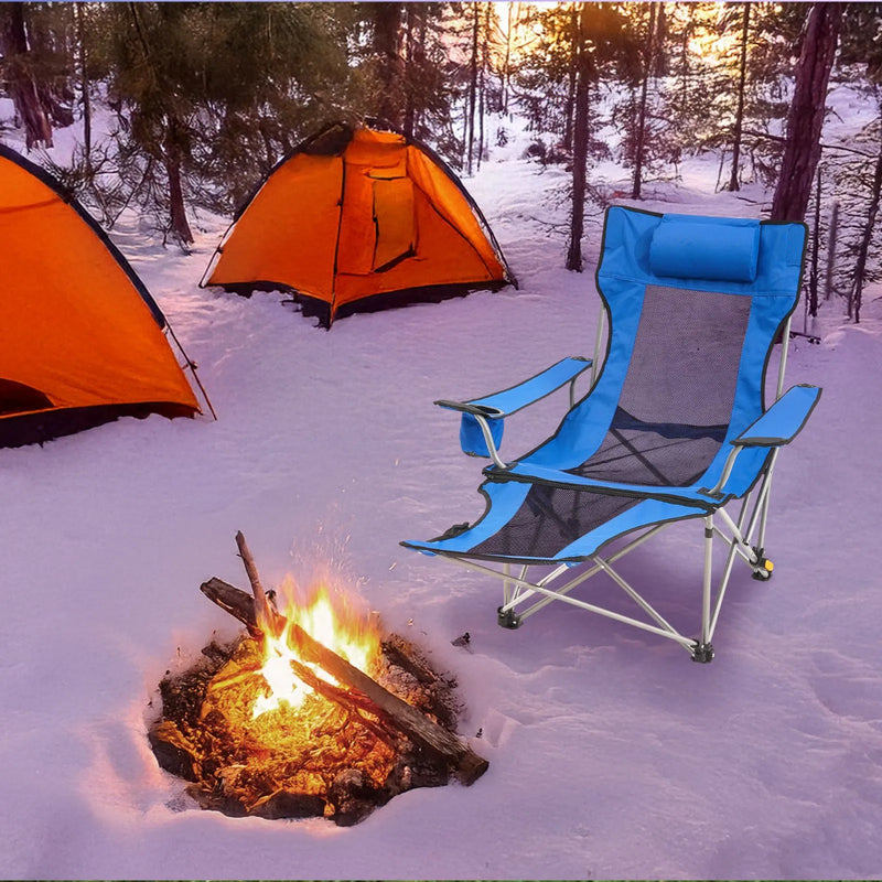 VEVOR salokāms kempinga krēsls ar regulējamu atzveltni (4 pozīcijas), kāju balstu, galvas balstu, krūzes turētāju un sānu kabatu, maksimālā slodze 150 kg, piemērots kempingam, makšķerēšanai un āra atpūtai